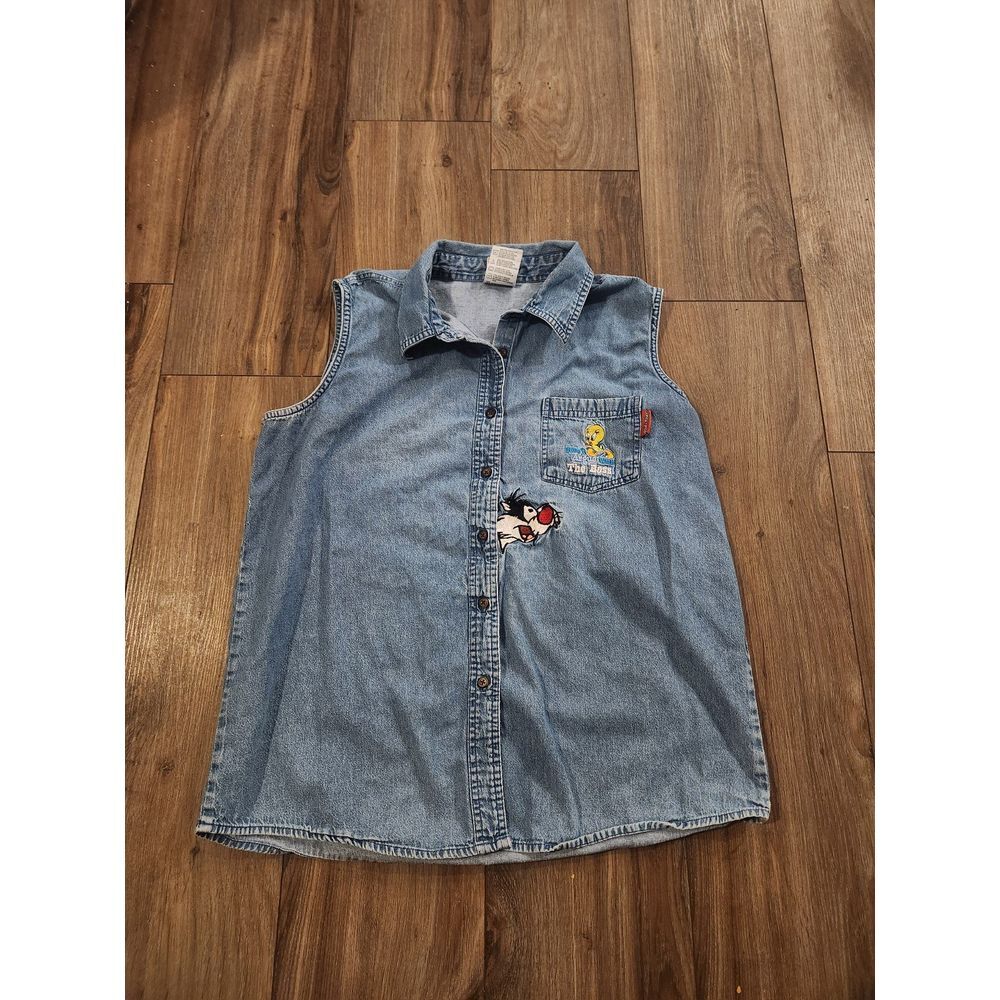 Vintage 90s‎ Looney Tunes Denim Button Front Sleeveless Shirt